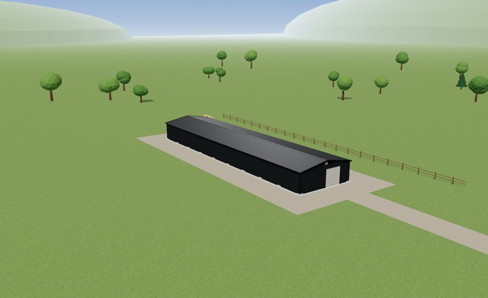 Hangar 41 x 10 m, hauteur 3,5 m — en pleine nature