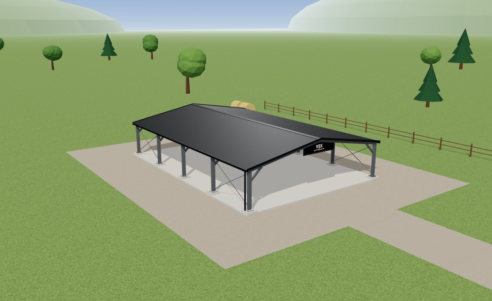 Hangar ouvert 17 x 12 m, hauteur 3 m — en pleine nature